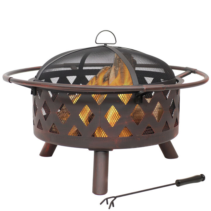Sunnydaze 30 in Crossweave Steel Fire Pit with Screen, Poker, and Grate Sunnydaze 30 in Crossweave Steel Fire Pit with Screen and Poker