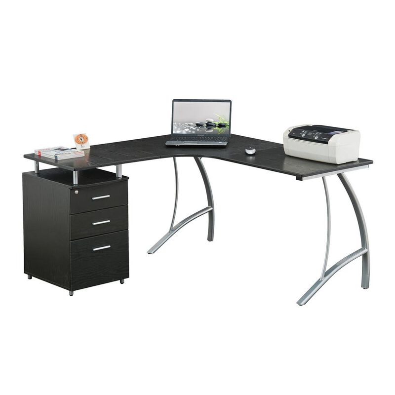 Techni Mobili Modern L- Shaped Computer Desk with File Cabinet and Storage. Color: Espresso