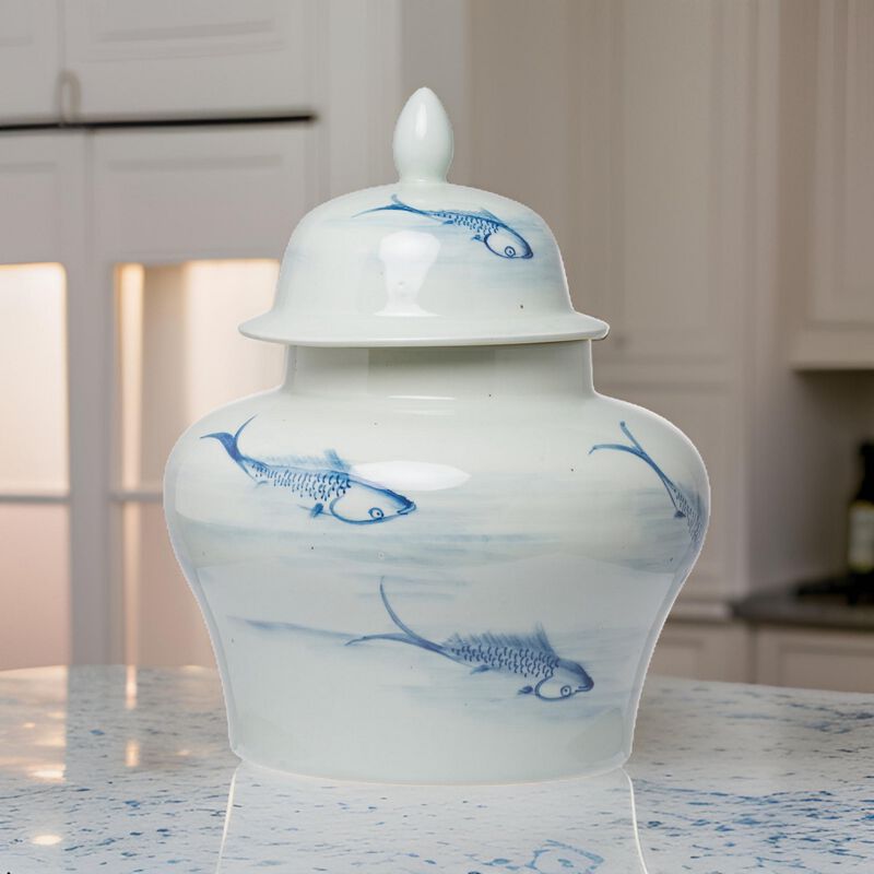 18 Inch Porcelain Ginger Jar, Artful Wispy Fish, Classic White and Blue-Benzara