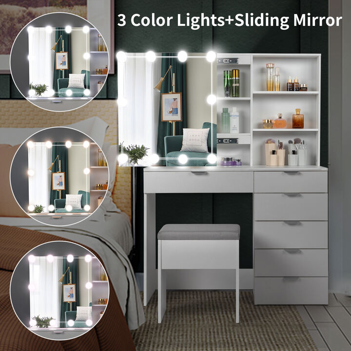 Particleboard Triamine Veneer 6 Pumps 2 Shelves Mirror Cabinet 3 Tone Light Bulbs Dressing Table Set White