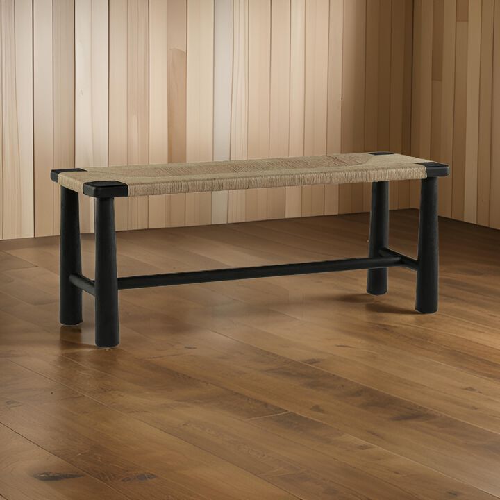 Accent Bench, 48 Inch, Handwoven Natural Brown Jute, Black Solid Wood - Benzara