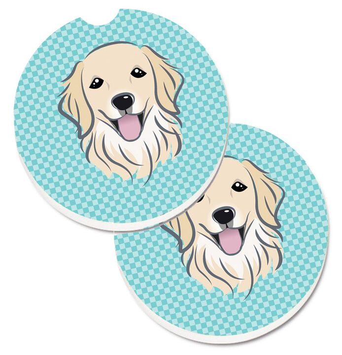 Caroline's Treasures Checkerboard Blue Golden Retriever Set of 2 Cup Holder Car Coasters BB1143CARC, 2.56, Multicolor