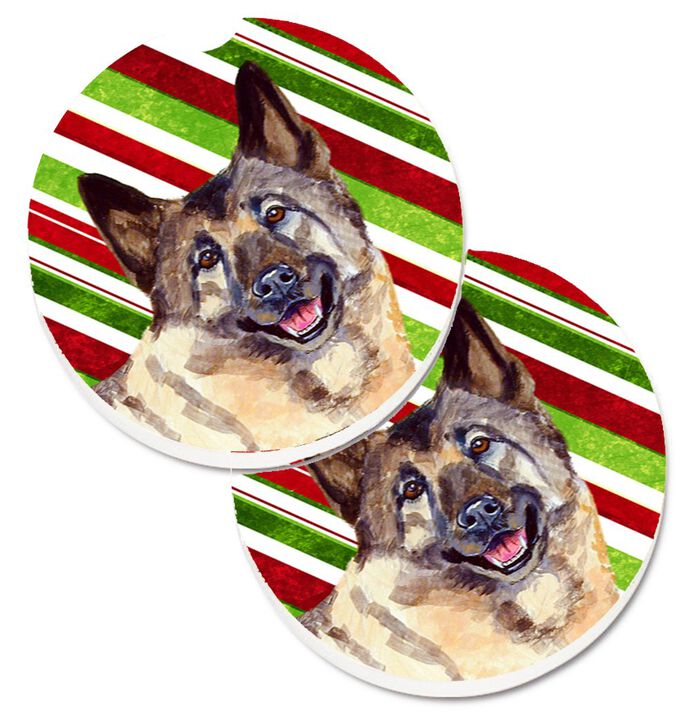 Caroline's Treasures Norwegian Elkhound Candy Cane Holiday Christmas Set of 2 Cup Holder Car Coasters LH9263CARC, 2.56, Multicolor