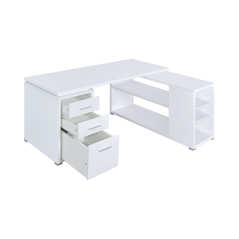 Contemporary L Shaped Office Desk with 3 Drawers and Shelves, White-Benzara