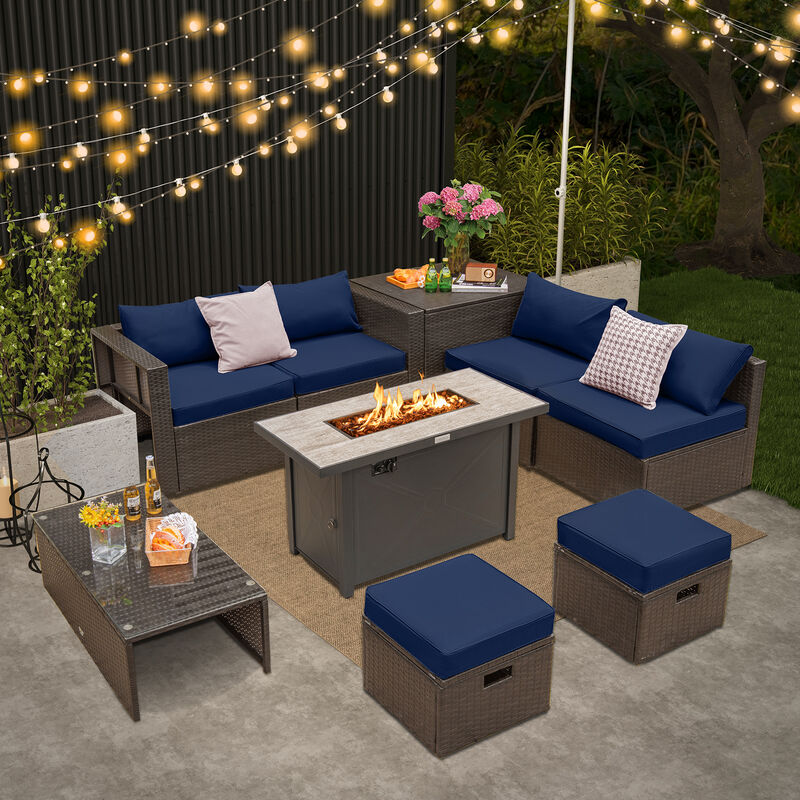 9-Piece Outdoor Patio Furniture Set with Cushions & Propane Fire Pit Table for Garden or Backyard