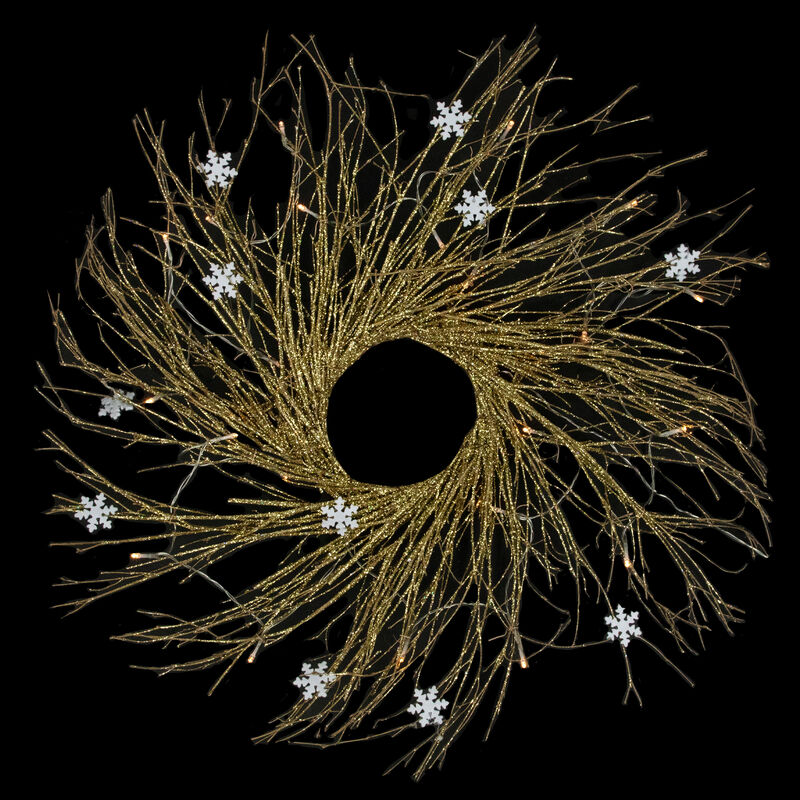 28" Pre-lit Gold Glittered Artificial Twig Christmas Wreath  Warm White LED Lights