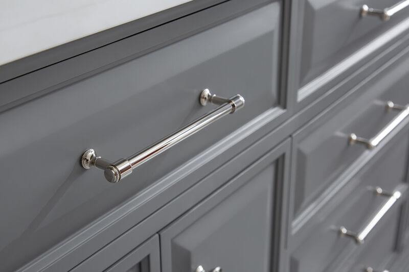 Palace 72 In. Double Sink Carrara Quartz Countertop Bath Vanity in Cashmere Grey with Polished Nickel (PVD) Hardware