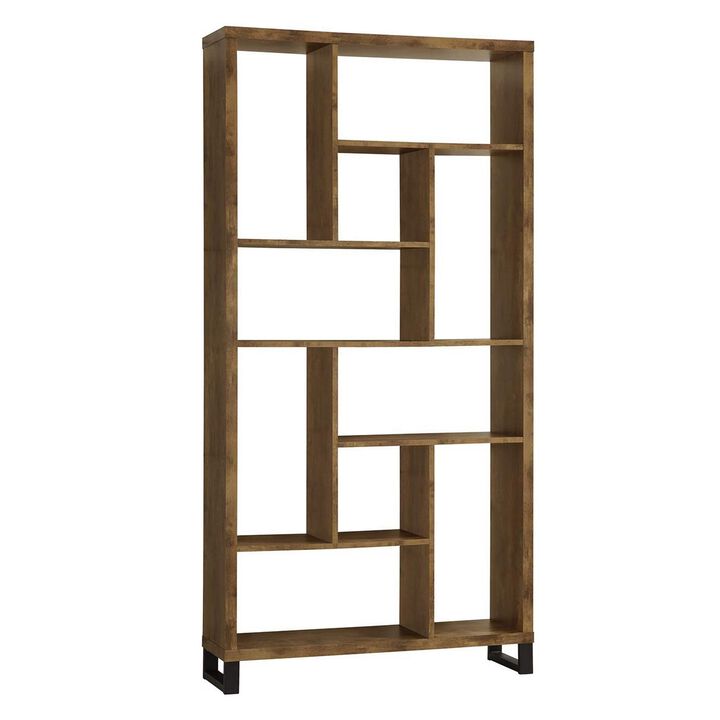 Metal and Wood Modern Style Bookcase with Multiple Shelves, Brown-Benzara