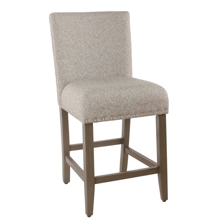Fabric Upholstered Wooden Counter Stool with Striking Nail head Trims, Gray and Brown - Benzara