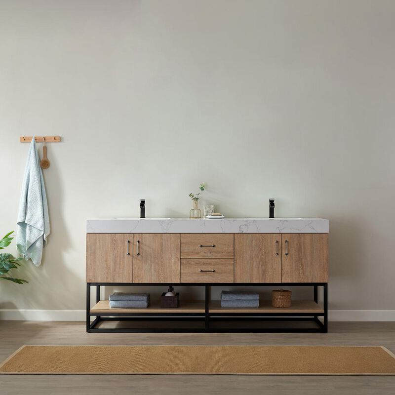 Vinnova Design 72B Double Vanity with White Grain Stone Countertop Without Mirror