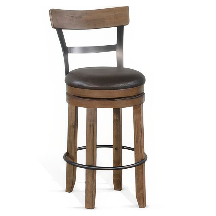 Yael Swivel Barstool Chair Set of 2, Gray Faux Leather, Brown, Black - Benzara