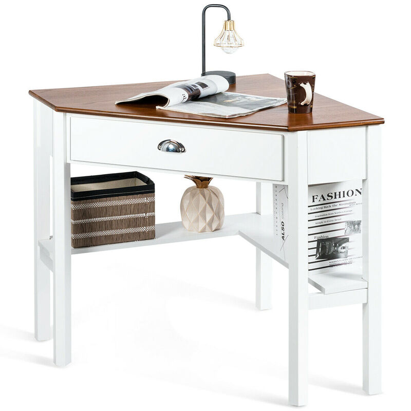 Costway Triangle Computer Desk Corner Office Desk Laptop Table w/ Drawer Shelves Rustic Natural &White