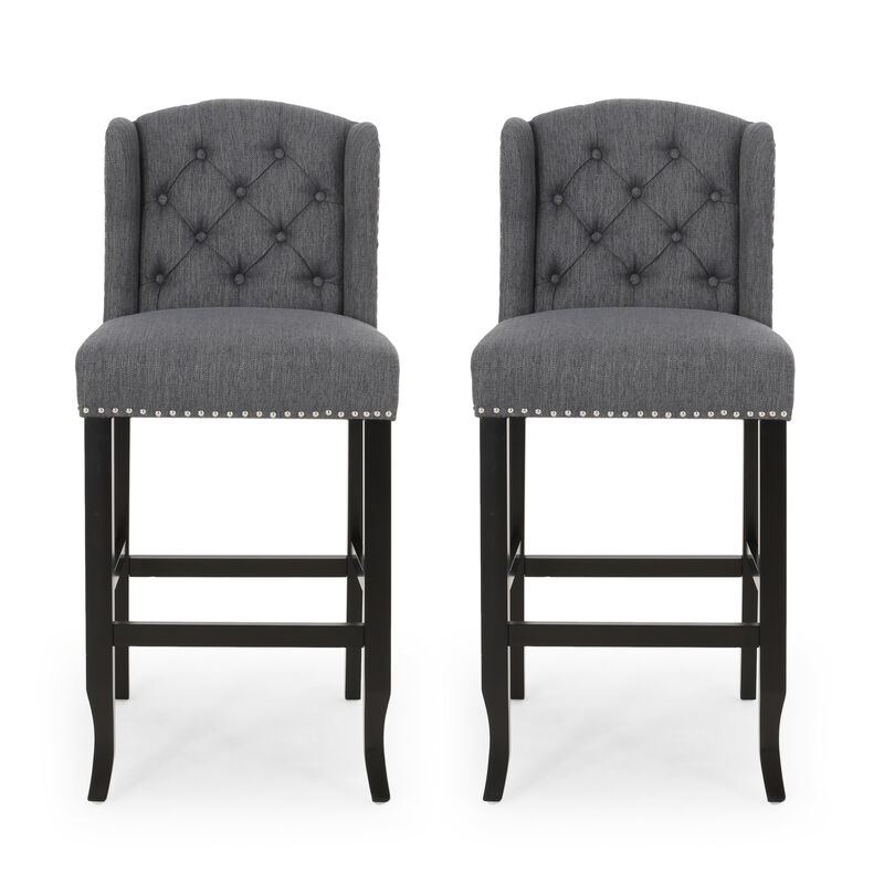 Seliva Barstool Chair Set of 2, Charcoal Gray, Tufted Back, Black Wood - Benzara