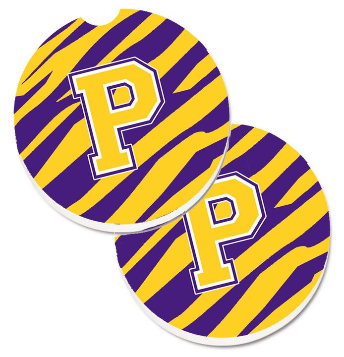 Caroline's Treasures Letter P Monogram - Tiger Stripe - Purple Gold Set of 2 Cup Holder Car Coasters CJ1022-PCARC, 2.56, Multicolor