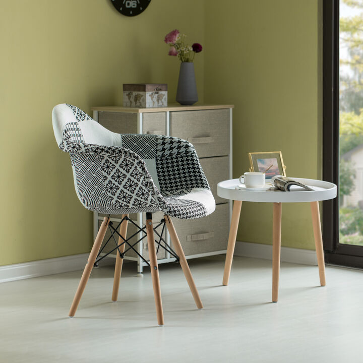 Mid-Century Modern Style Fabric Lined Armchair with Beech Wooden Legs, Black and White Set 2