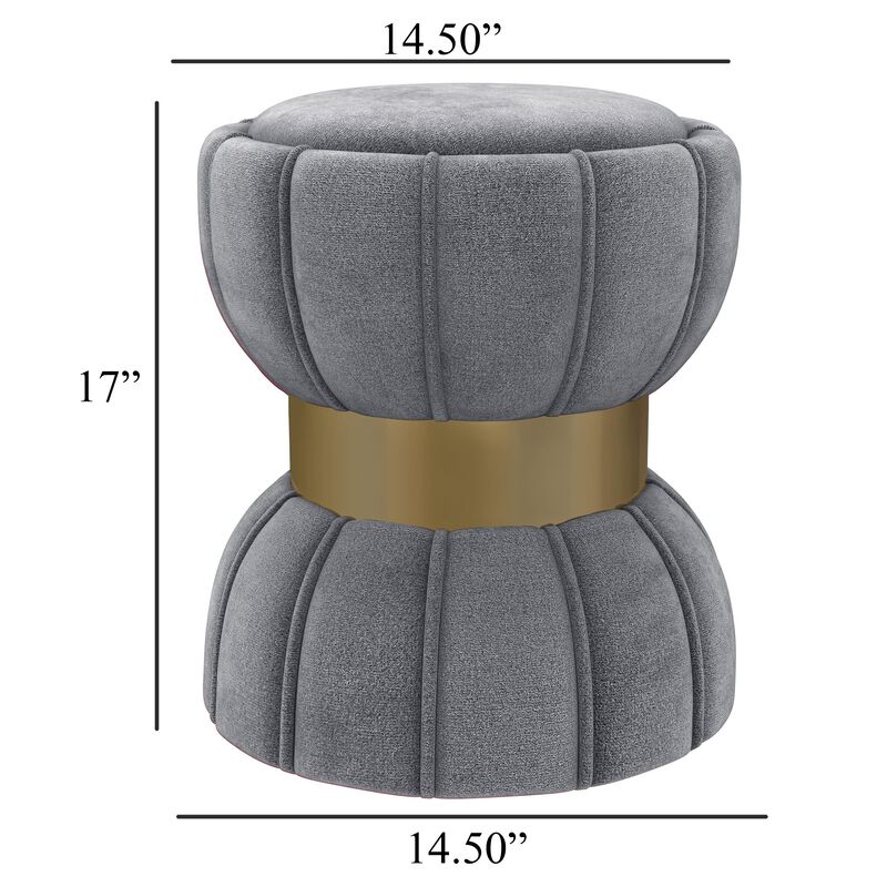 Soraya Ottoman, Tufted Gray Fabric, Round 17 Inch, Gold Metal Band - Benzara