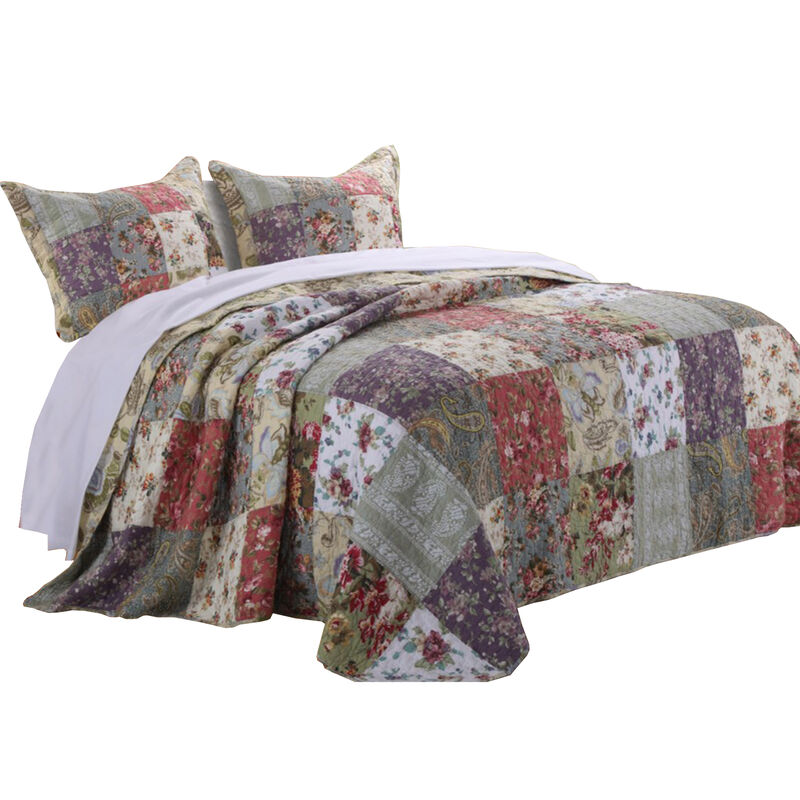 Chicago 3 Piece Fabric King Bedspread Set with Jacobean Prints, Multicolor - Benzara