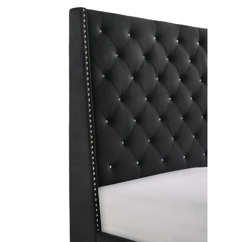 Benjara Maze Queen Size Bed, Button Tufted, Nailhead Trim, Black Fabric Upholstery