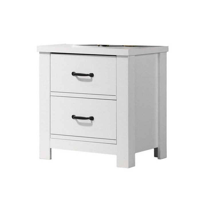 Jermy 22 Inch Nightstand, 2 Drawers, Black Handles, Crisp White Finish-Benzara
