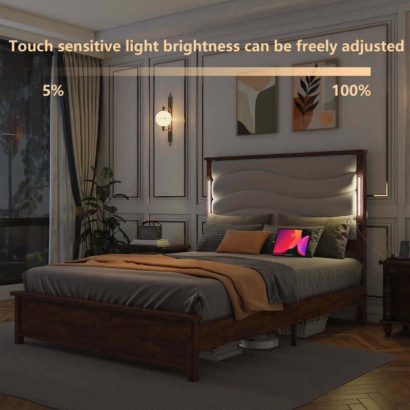 Bed Frame with Upholstered Headboard, Bed Frame with Charging Station and LED Lights, Wood Slats, Beige Linen, No Box Spring Needed, Easy Assembly