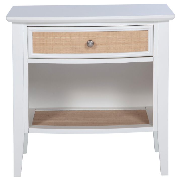 Heo Nightstand, 1 Brown Rattan Woven Drawer, Open Shelf, White Wood - Benzara