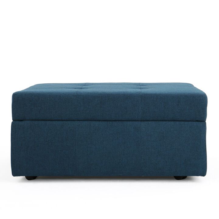 Low Accent Ottoman with Storage, 31 Inch Square, Tufted Navy Blue - Benzara