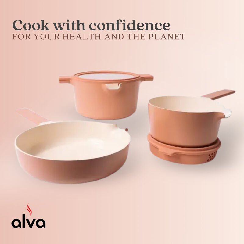 Alva Neat 5-in-1 Ceramic Nonstick Cookware Nesting Set, Recycled Aluminum Non-Toxic PFAS, PFOA & PTFE Free, Frying Pan, Cookware Set Compatible with All Cooktops & Induction Safe, Oven Safe
