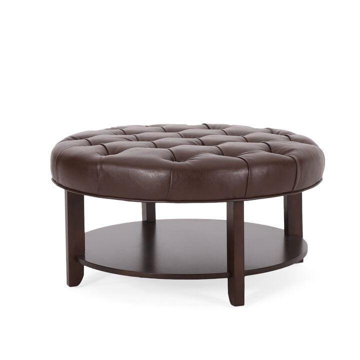 Kiam Ottoman, Shelf, Tufted Dark Brown Faux Leather, Wood 32 Inch - Benzara