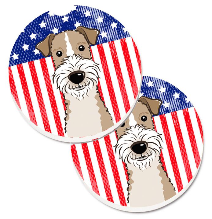 Caroline's Treasures American Flag & Wire Haired Fox Terrier Set of 2 Cup Holder Car Coasters BB2177CARC, 2.56, Multicolor