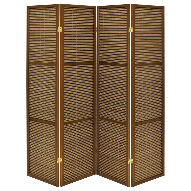 Rown 4 Panel Foldable Privacy Screen, Bamboo, Brown Pine Wood 70 Inch - Benzara
