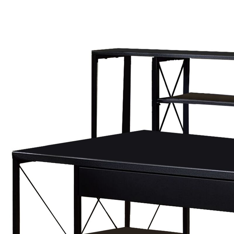 Industrial Style Desk with 4 Open Selves and Bookcase Hutch, Black-Benzara