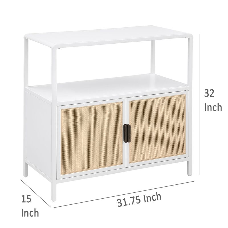 Lanie Accent Cabinet, Open Shelf and 2 Doors, PE Cane, White Metal - Benzara