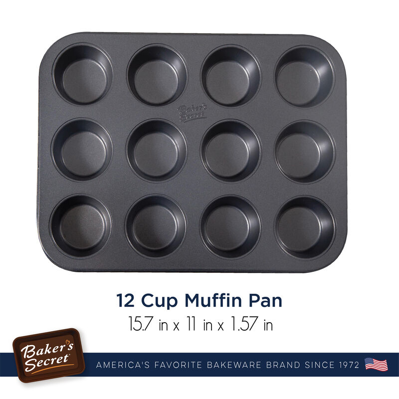 Baker's Secret 12 Cup Muffin Pan, Cupcake Pan, Non-stick coating 2x Layers, Heavy Gauge Carbon Steel, Dark Gray Advanced Collection