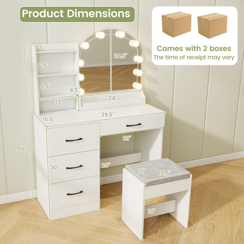Makeup Vanity Desk Dressing Table and Stool Set with Mirror and Lights