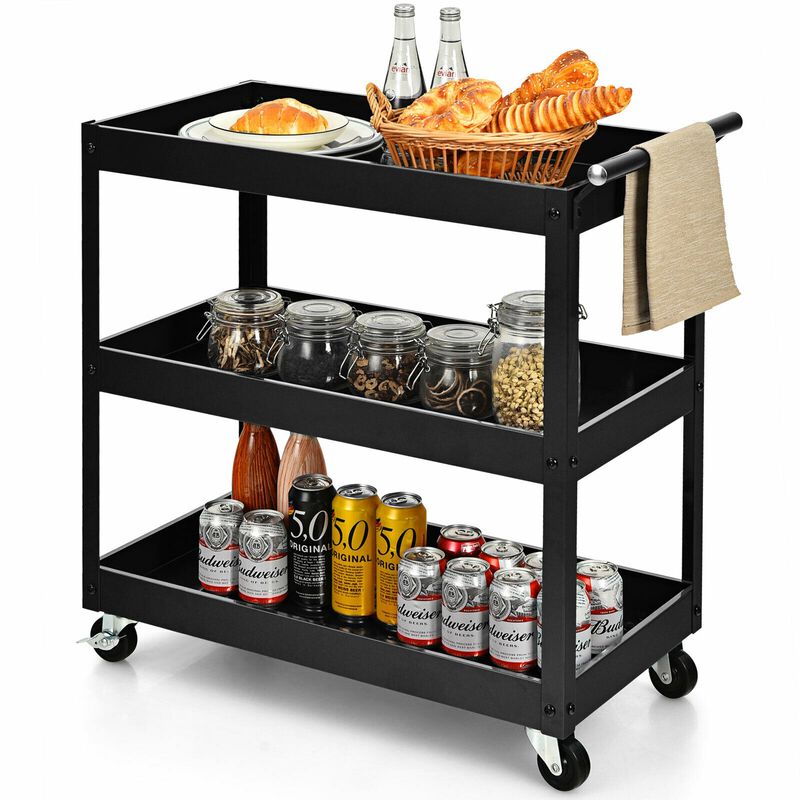 3-Tier Utility Cart Metal Mental Storage Service Trolley in Black
