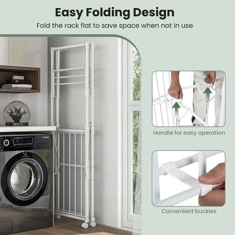 Foldable Aluminum Laundry Rack with Hanging Rods and Drying Shelves for Space-Saving Clothes Drying