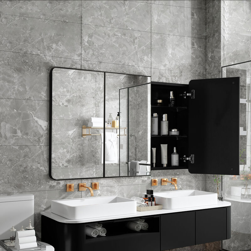 Basicwise 3-Door Aluminum Bathroom Medicine Cabinet, Round Corner Framed Door - Versatile Recessed Medicine Cabinet or Surface Mount, Mirrored Door Cabinet with Adjustable Glass Shelves, Matte Black