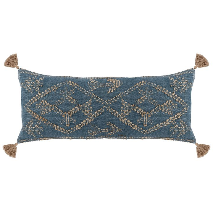 16 x 36 Accent Lumbar Pillow, Down, Blue Wool, Jute Woven Details, Tassels-Benzara