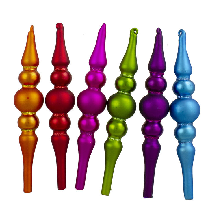 6ct Vibrantly Colored Matte Glass Christmas Finial Ornament 6.25"