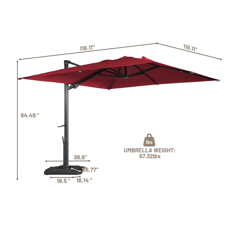 10x10 ft. 360°Rotation Square Cantilever Patio Umbrella with LED Light in Red