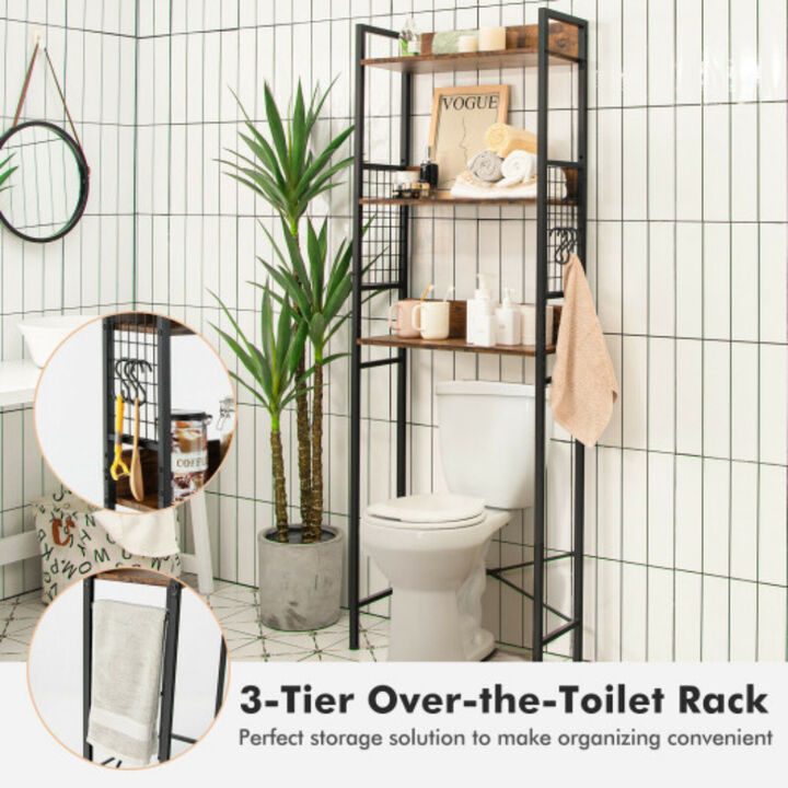 3-Tier Over-the-Toilet Storage Rack with 3 Hooks-Rustic Brown