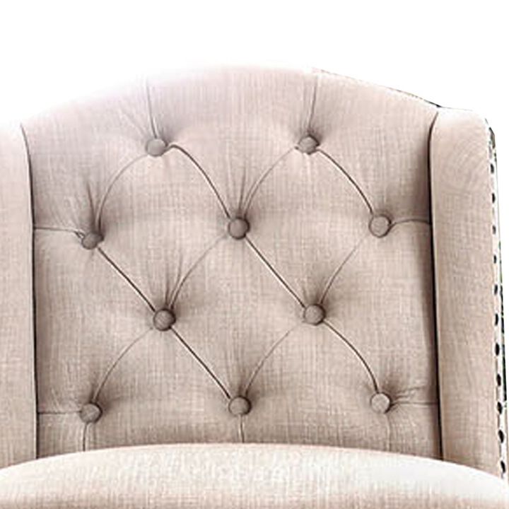 Button Tufted Fabric Upholstered Wooden Bar Chair, Beige and Black, Set of Two-Benzara