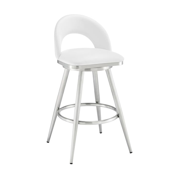 Visy 26 Inch Swivel Counter Stool Chair, Round Back, White Faux Leather - Benzara