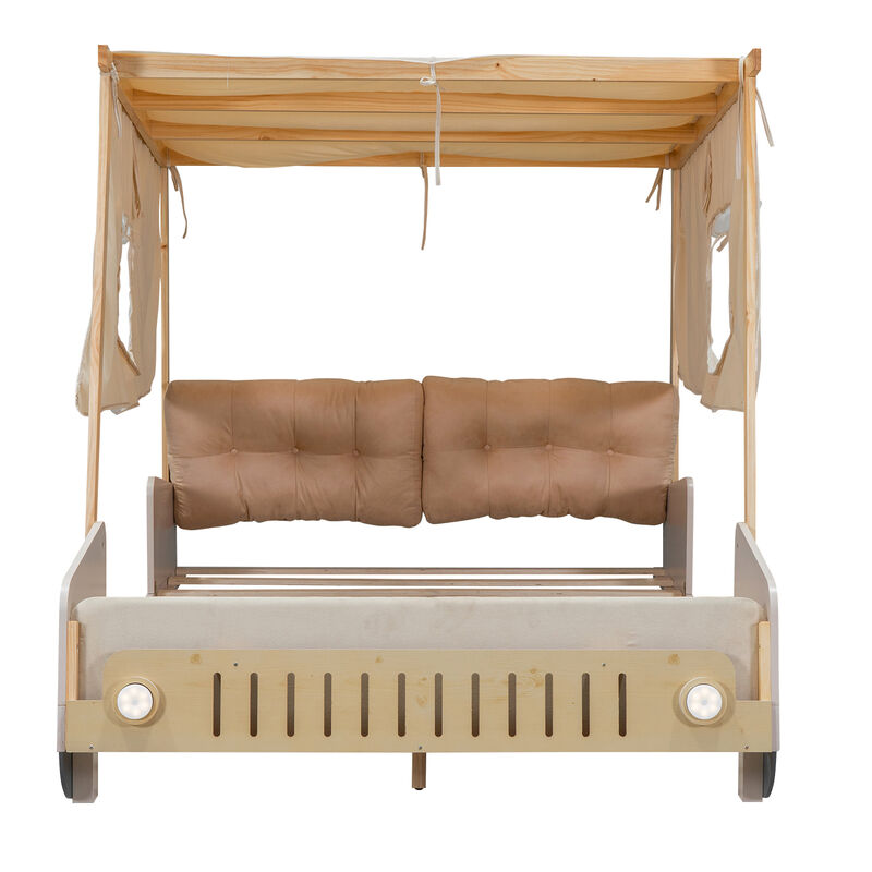 Merax Car Bed with Pillow, Ceiling Cloth and LED