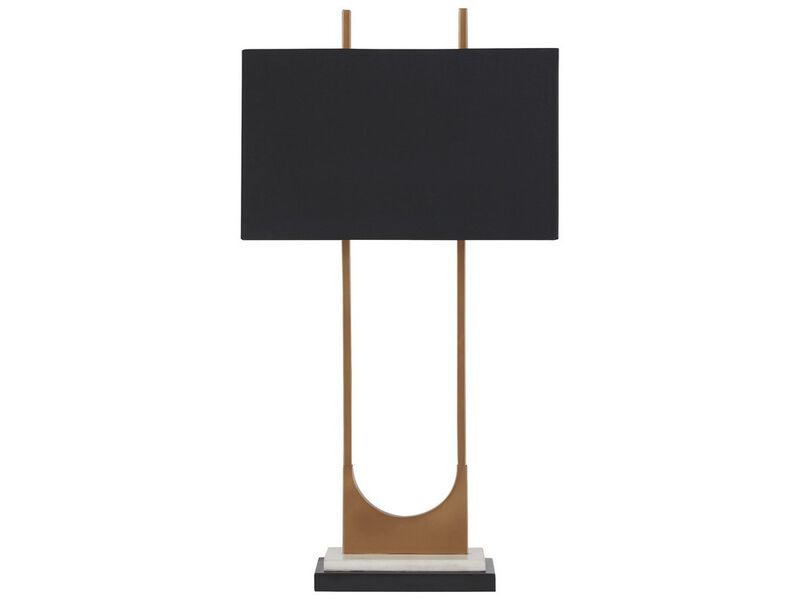 U Shaped Metal Body Table Lamp with Marble Base, Gold and Black-Benzara