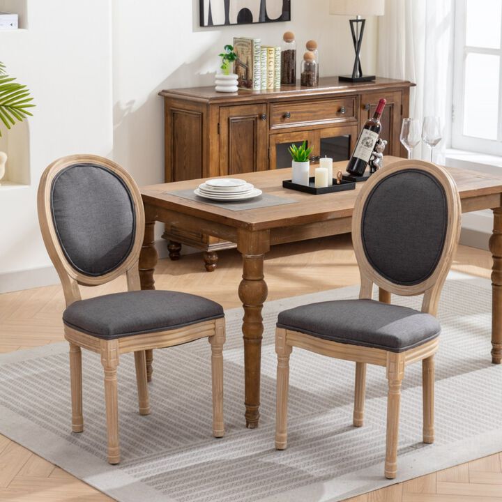 French Style Solid Wood Frame Antique Painting Linen Fabric Back Dining Chair, Set Of 2, Dark Gray