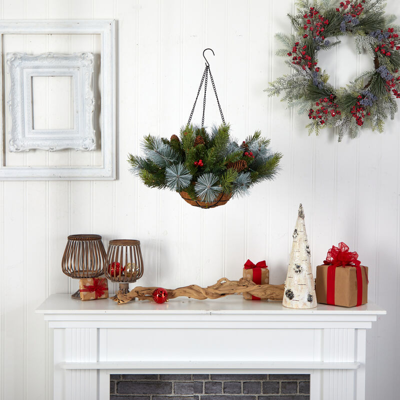 Hivvago 24" Holiday Pre-Lit (30 LED Lights) Pine and Berries Artificial Christmas Hanging Basket, Indoor Outdoor Patio Porch Decor