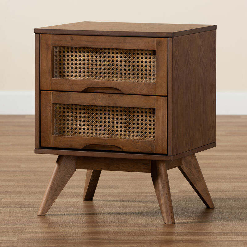 Baxton Studio Barrett Walnut Brown Finished Wood And Synthetic Rattan 2 Drawer Nightstand