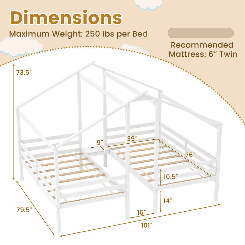 Double Twin Size Wooden Bed Frames with Built-in Table for Kids