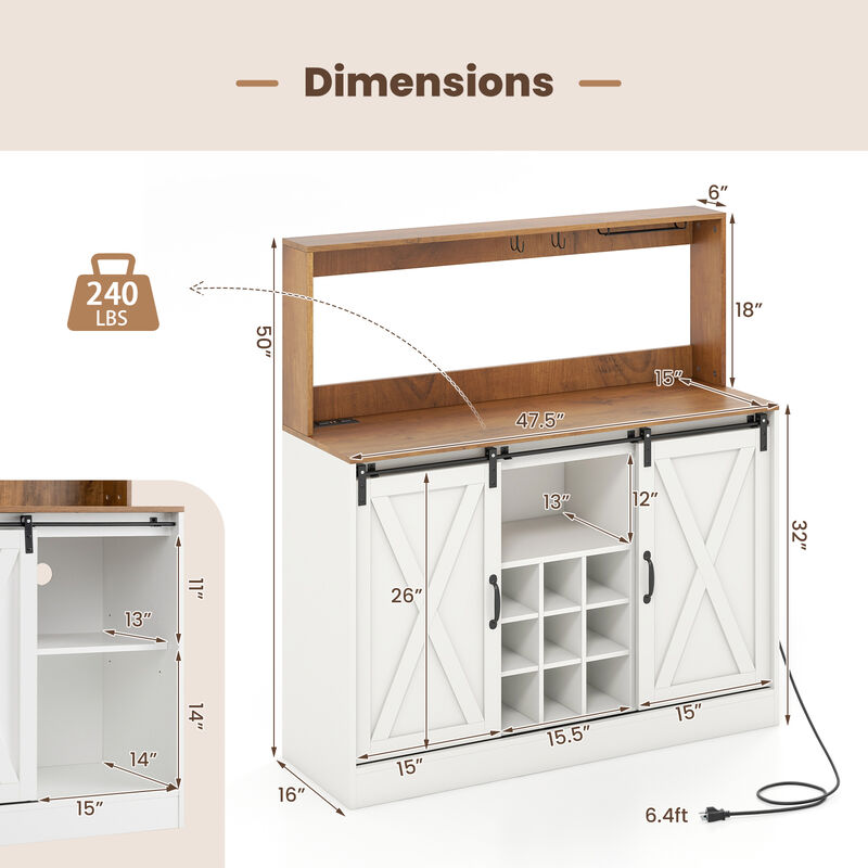 Farmhouse Coffee Bar Cabinet with Charging Station and Sliding Barn Doors